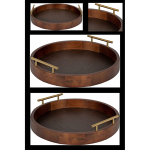 <b>Light</b> Luxury Round Wooden Serving Tray With Gold Metal Handles Handcrafted Acacia Wood Ottoman Tray For Home Coffee Shop Tray - Product Image 5
