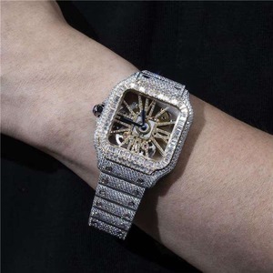Montre de luxe pour homme, quartz, cadran carré en acier inoxydable, incrustée de diamants moissanite, cadran analogique, verre saphir, fermoir déployant - Product Image 3