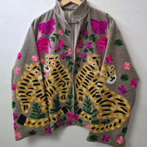 <b>Womens</b> <b>Brown</b> Velvet Breathable Cotton Shell Embroidered <b>Jacket</b> Handmade Boho Statement Outerwear with Striped Lining - Product Image 1