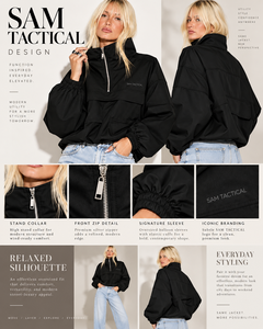 Chaqueta Táctica Negra para Mujer Sam, Cuello Alto, Cierre de Cremallera, Mangas Abullonadas, Estilo Bomber Oversize, Precio Económico, Venta al Por Mayor - Product Image 1