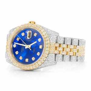 Luxury Fully Iced Out Moissanite <b>Watch</b> <b>Blue</b> Dial Two Tone Gold Silver Automatic Mechanical Diamond <b>Watch</b> - Product Image 2