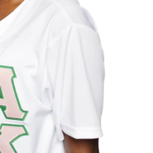 Maillot de baseball AKA blanc à boutons, manches courtes, avec lettres AKA et bordures vertes et roses, vêtement décontracté pour sororité - Product Image 3