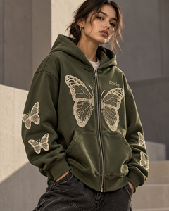 Sweat-shirt à capuche noir zippé pour femme F2win avec motif papillon à sequins – Vêtement décontracté d'automne – Vente en gros – Hoodie papillon noir - Product Image 5