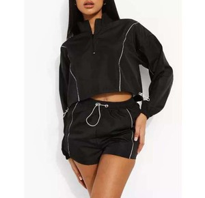 Women's Black Hooded Windbreaker Tracksuit Set Custom <b>Crop</b> <b>Top</b> and Shorts Sporty Streetwear Summer Co Ord Outfit - Product Image 5