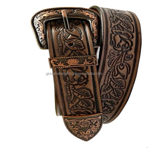 Best Quality Floral <b>Engraved</b> Unisex Full Grain Western Leather <b>Tooling</b> Belt with Copper plated designer Brass Buckle - Product Image 3