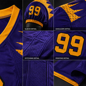 Ensemble d'uniformes de football américain personnalisés, violet et or, maillot et pantalon sublimés, coupe ajustée pour homme, évacuation de l'humidité, toutes saisons, vêtements d'équipe - Product Image 6