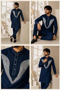 Conjunto de Kurta-Polo y Pantalón de Calidad Premium con Bordado y Cuentas en el Pecho, Manga Larga y Bolsillos Laterales, Proveedor Indio - Product Image 5