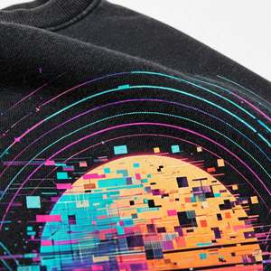 Sweat-shirt vintage délavé avec motif Cyber Glitch, en coton épais, col rond, style rétro futuriste streetwear - Product Image 5