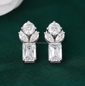 White <b>Gold</b> <b>Emerald</b> Cut Diamond <b>Earrings</b> with Marquise and Round Accent Stones Modern Luxury Bridal <b>Earrings</b> Anniversary Gift - Product Image 1