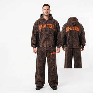 Ensemble de survêtement marron délavé pour homme, sweat à capuche zippé et pantalon de jogging ample, tenue streetwear personnalisée deux pièces - Product Image 1