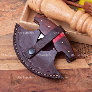 Luxury Handmade Ulu Chef <b>Knife</b> Stainless Steel Blade Custom Wooden <b>Handle</b> Curved Design Ambidextrous High-Polish Finish Leather - Product Image 5