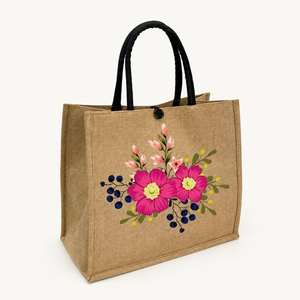 Luxury Floral Printed Jute Tote <b>Bag</b> <b>Reusable</b> Eco Friendly Lightweight Long Lasting Double Handle Customizable Size Shopping - Product Image 1