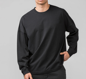 T-shirt à manches longues surdimensionné pour homme, 100% coton, couleur unie, col rond, logo tricoté sur le devant, style streetwear décontracté, coupe régulière - Product Image 5