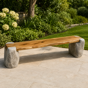 Banc de jardin en bois rustique avec assise en planches naturelles et pieds style pierre pour terrasse extérieure, pelouse, parc et sièges publics - Product Image 1