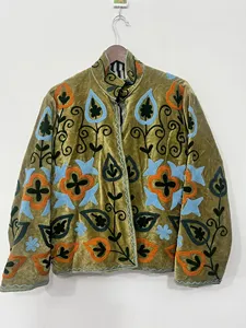 Luxury Velvet <b>Vintage</b> Cotton Suzani <b>Jacket</b> Multicolor Floral Embroidered Boho Full Sleeve V-Neck Handmade Breathable <b>Women</b> - Product Image 2