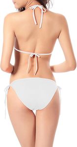 Sexy <b>White</b> <b>Bikini</b> <b>Set</b> Halter Neckline Tie Side Bottoms Solid Color Swimwear Two Piece Stretch Beachwear - Product Image 3