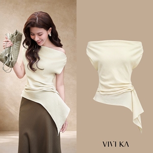 Blusa Casual de Fiesta para Mujer, Estilo Femenino, Color Crema, Hombros Descubiertos, Drapeada, Asimétrica, de Poliéster y Algodón, Transpirable, ODM OEM GINA - Product Image 1