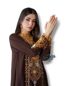 Kaftan long pour femme Awais House, couleur bordeaux, brodé, style modeste, manches longues, en polyester, col cœur, idéal pour les fêtes - Product Image 3