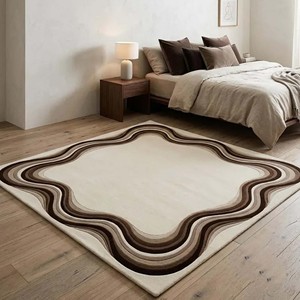 Modern Wavy Border Area Rug Cream Brown Abstract Hand Tufted Wool Carpet Luxury Living Room Bedroom Floor Decor Soft - Product Image 6