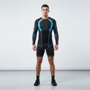 Men's <b>Red</b> Black Compression <b>Long</b> <b>Sleeve</b> <b>Top</b> & Shorts Set Moisture Wicking Breathable MMA Fight Wear Fitted Style - Product Image 3