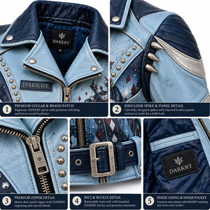 Custom Made Leather Jacket Blue <b>Belted</b> Women Spiked Graphic Print Metal <b>Studded</b> Motorcycle Biker Outerwear OEM ODM Wholesale - Product Image 6