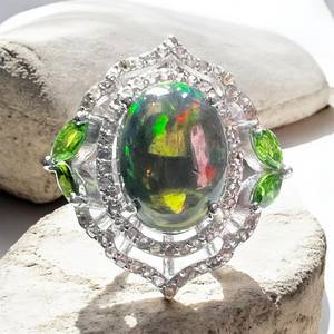 Natural Black Opal Green Tourmaline Cabochon Cocktail <b>Ring</b> in 925 Sterling <b>Silver</b> with Prong Setting Rhodium Plated Luxury Style - Product Image 2