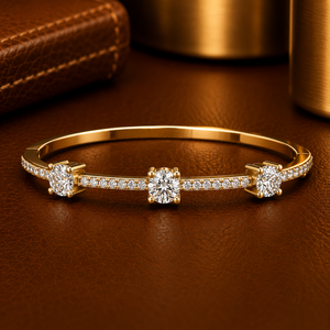 Round Cut Three Stone Lab Grown Diamond Open Bangle <b>Bracelet</b> IGI Certified DEF VS 14K Pure Gold <b>Bracelet</b> Wholesale Manufacturer - Product Image 1