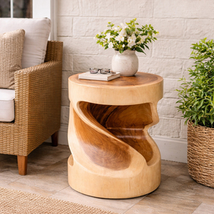 Luxury Artistic Organic Suar <b>Wood</b> Twisted Shape <b>Round</b> Selendang <b>Stool</b> Versatile Nightstand for Hotel Lobby Lounge Display Stand - Product Image 5