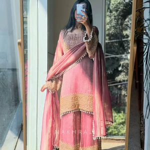 Ramdev Trading Traditional Ethnic Indian Pakistani Women's <b>Kurta</b> / Kurti Top Dupatta Set Heavy Chinnon <b>Silk</b> Modern Party - Product Image 1