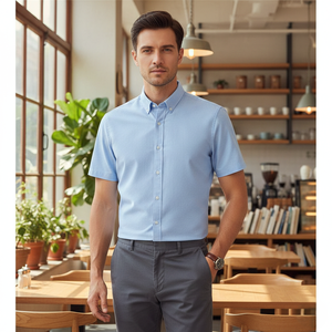 Camisa de manga corta para hombre, de alta calidad, 100% algodón, tela Oxford, estilo casual de negocios, semi formal, con botones, lisa o a rayas. - Product Image 1