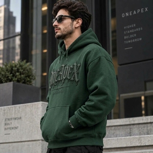 Sudadera con Capucha OneApex para Hombre, Verde, con Estampado en Relieve, Estilo Oversize, de Algodón Grueso, Informal - Product Image 4