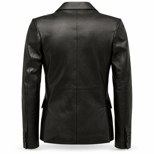 <b>Men's</b> Luxury Black <b>Leather</b> <b>Blazer</b> Double Breasted Tailored Fit Six Button Closure Peak Lapel Formal Wedding Suit Jacket Premium - Product Image 2