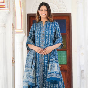 Conjunto de Kurta Anarkali Floral de Talla Grande para Mujer, Ropa Casual hasta el Tobillo con Pantalón y Dupatta, Vestido de Fiesta 100% Algodón - Product Image 1