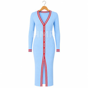 Cardigan en laine tricotée HMR Sorority Sisterhood avec bordure rouge et blanche et fente avant, robe longue en cachemire de Mongolie - Product Image 5