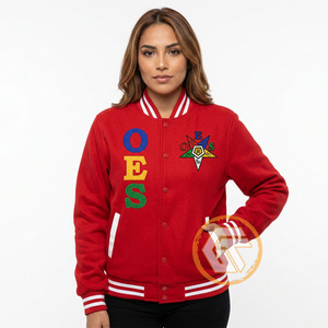 Veste universitaire OES brodée matelassée respirante en satin rouge et blanc à manches longues et col montant pour femme, style automne - Product Image 4