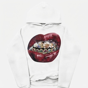 Sweat à capuche blanc coupe classique avec imprimé artistique des lèvres sur le devant, imprimé numérique, unisexe, décontracté, tricoté, 100 % coton, pour l'hiver - Product Image 6