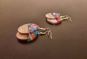 Handmade Round <b>Resin</b> Wood Earrings Multicolor Pattern Dangle Jewelry Crafted with Epoxy <b>Resin</b> and Natural Wood <b>Resin</b> <b>Crafts</b> - Product Image 2