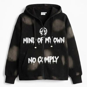 INDEX <b>Black</b> <b>Zip</b>-<b>Up</b> <b>Hoodie</b> Dripping Print Broken Heart Streetwear Unisex Oversized Autumn Knitted Sweatshirt - Product Image 2