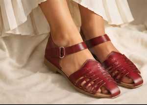 Burgundy Genuine Leather Flat Sandals Open Toe With Back <b>Strap</b> <b>Buckle</b> Closure Elegant Summer Style - Product Image 6
