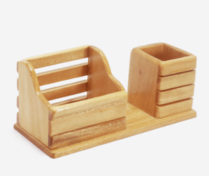 Organisateur de bureau en bois avec porte-stylos et support pour cartes |   Organisateur de bureau et d'étude multifonctionnel pour table - Product Image 6