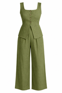 Conjunto de 2 Piezas de Lino Verde Salvia Premium: Chaleco Casual con Cuello Cuadrado y Pantalones de Pierna Ancha de Cintura Alta - Product Image 2