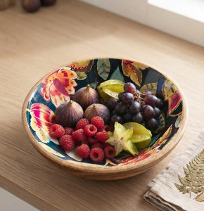 Bol à salade en bois nordique avec motif de feuilles grises à l'intérieur, plat rond, passe au lave-vaisselle - Product Image 5