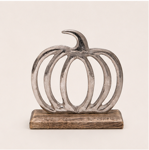 Antique Finish Aluminum Pumpkin Cutout Figurine With Natural Wooden Block Elegant Seasonal Fall Harvest <b>Decoration</b> For Mantels - Product Image 3