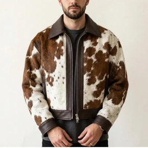 Chaqueta Corta de Cuero Vacuno Marrón Vintage para Hombre, Chaqueta de Invierno con Calefacción, Cuello Alto, Estampado Animal, Cierre de Cremallera con Logotipo Frontal - Product Image 1