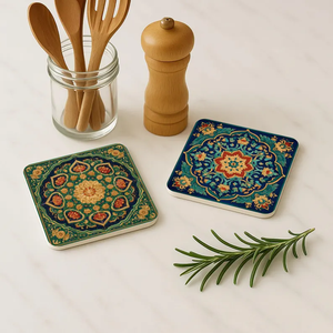 Juego de posavasos de madera Meena personalizados con patrón Meena hecho a mano, artesanía 3D hecha por blossom craft india - Product Image 6