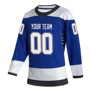 Maillot de hockey sur glace personnalisé, col en V, manches longues, impression sublimée, polyester respirant, unisexe adulte, bleu et blanc, numéros d'équipe - Product Image 5