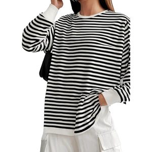 Womens casual plus size long sleeve t shirt striped <b>patchwork</b> anti pilling breathable <b>top</b> clothing wholesale - Product Image 1