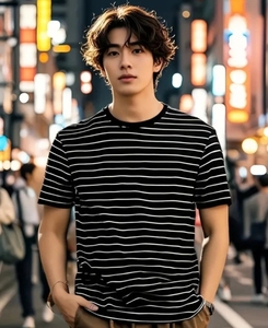 เสื้อยืดคอกลมแขนสั้นผู้ชาย ลายทางขาวดำ ผ้าฝ้ายถัก 100% ระบายอากาศได้ดี สไตล์ลำลอง สตรีทแวร์ ทรงปกติ ไซส์ XXS-6XL น้ำหนัก 180 กรัม - Product Image 1