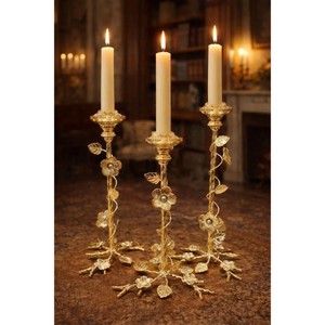 Golden Brass Candlestick Holder Set Floral Design Home Decoration Wedding Decor Durable Metal Stand - Product Image 1