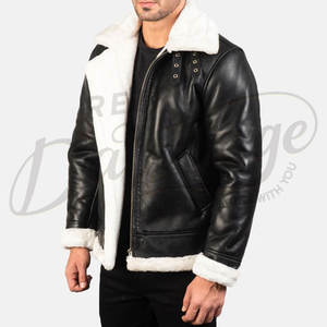Chaqueta de Cuero Negra Premium para Hombre, Forrada con Piel Sintética Blanca, Estilo Aviador, Chaqueta de Invierno - Product Image 1